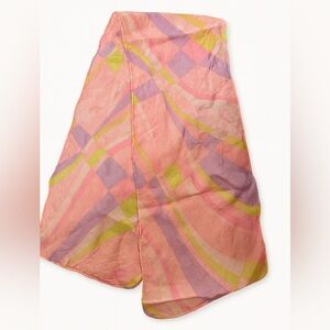 60s Abstract Plaid Pastel Satin Scarf Pink 33”L Vintage
